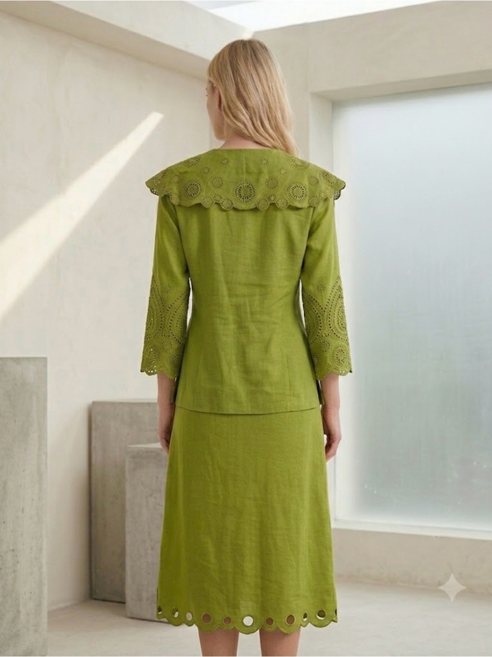 🔴 2Pcs. Linen Olive Green Eyelet Midi Skirt- Size L - Picture 2 of 5